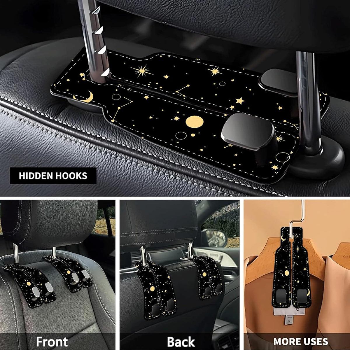 Car Seat Headrest Hook, Universal Leather Cute Hanger Holder Hook, Storage Organizer Interior Accessories for Purse Bags Handbag Black Yellow Sun Moon