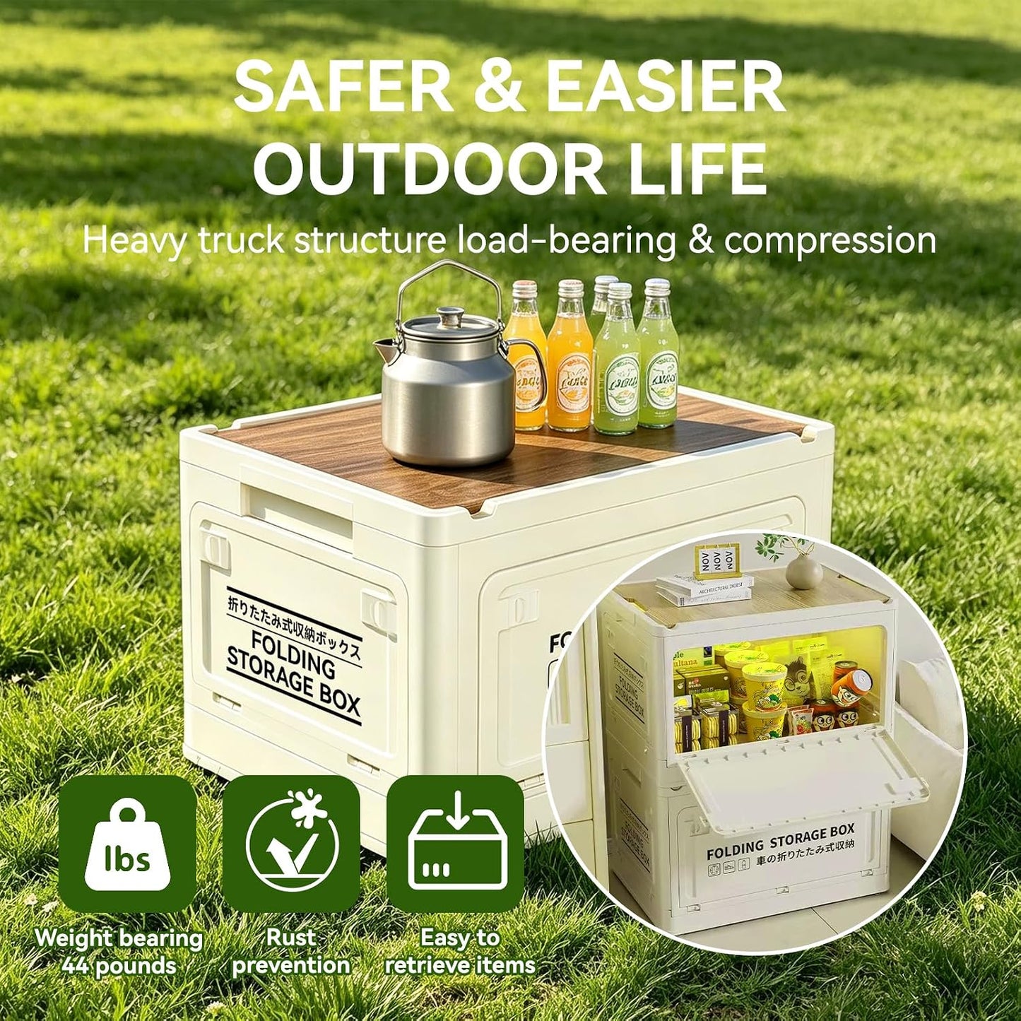 24L Collapsible Storage Bins with Wood-Look Lids, Stackable Utility Storage Containers with Wheels and Handles, Large Folding Storage Boxes for Organizing Tools, Snacks, Books, Drinks, Camping