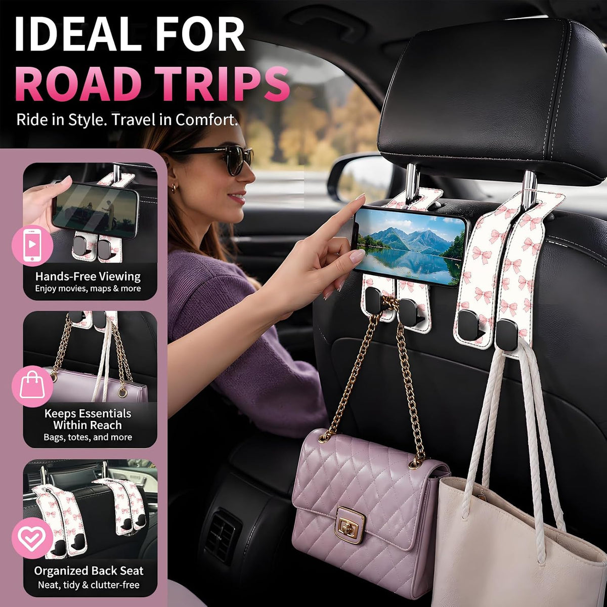 Car Seat Back Storage Hook, Funny Car Purse Hook, Cute Vehicle Storage Organizer for Purses Handbags Cute Pink Bowtie