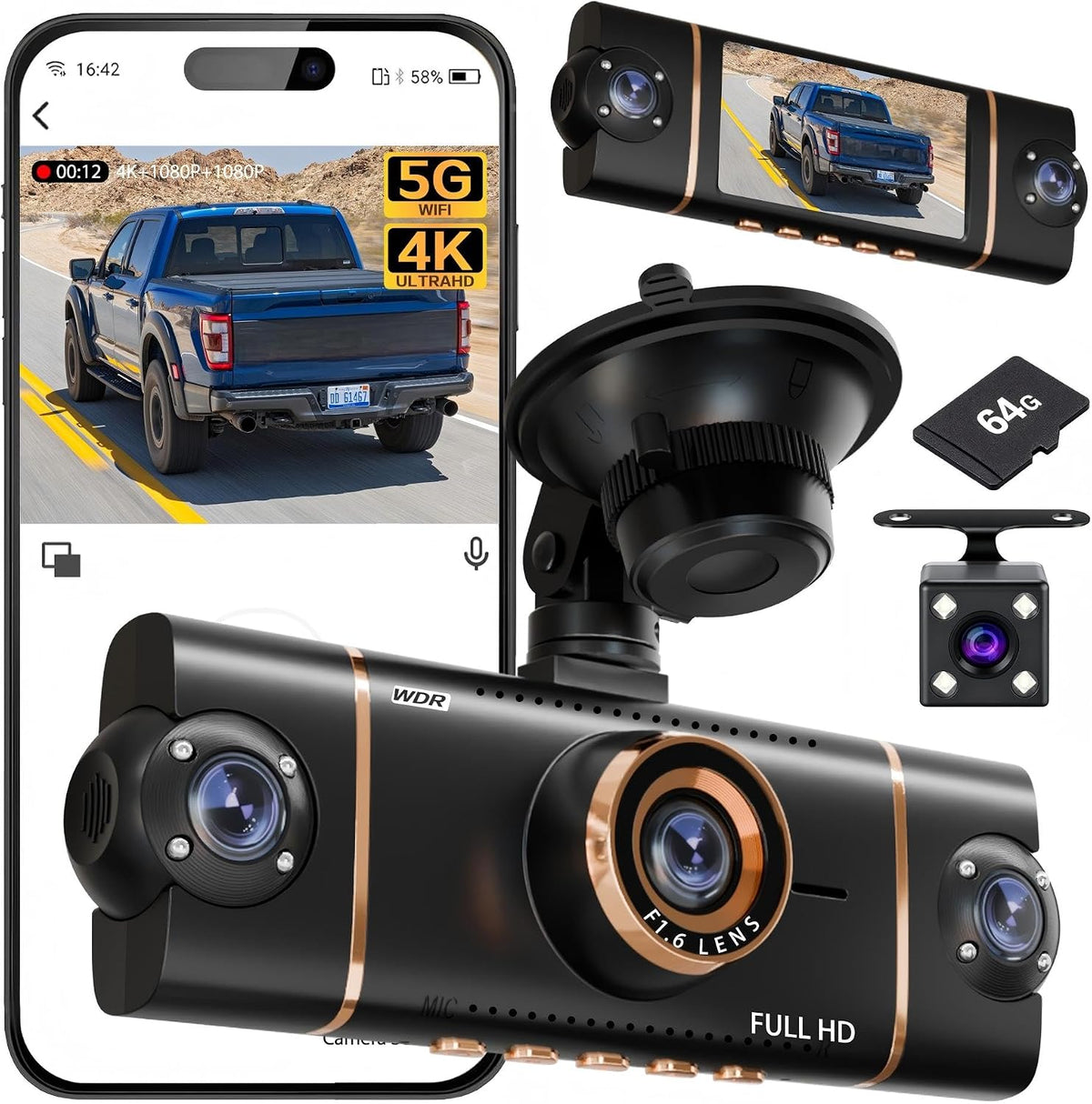4K Dash Cam Front and Rear, WiFi Dash Camera for Cars with App