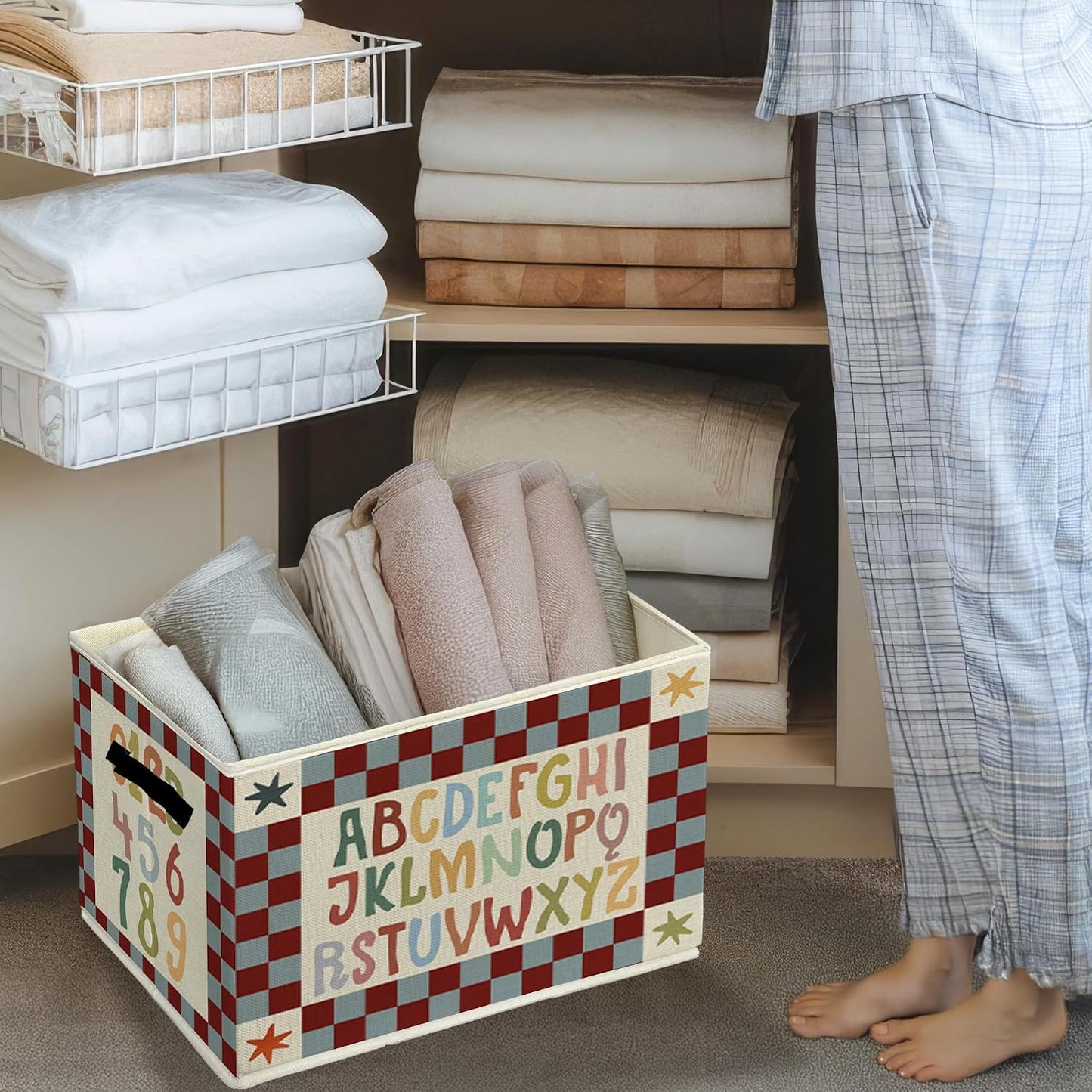Boho Classroom Storage Bins & Boxes with Handles, Kids Foldable Basket for Organizing, Retro Alphabet Numbers Educational Collapsible Storage Basket for Kids Bedroom Bathroom Clothes Toys Books