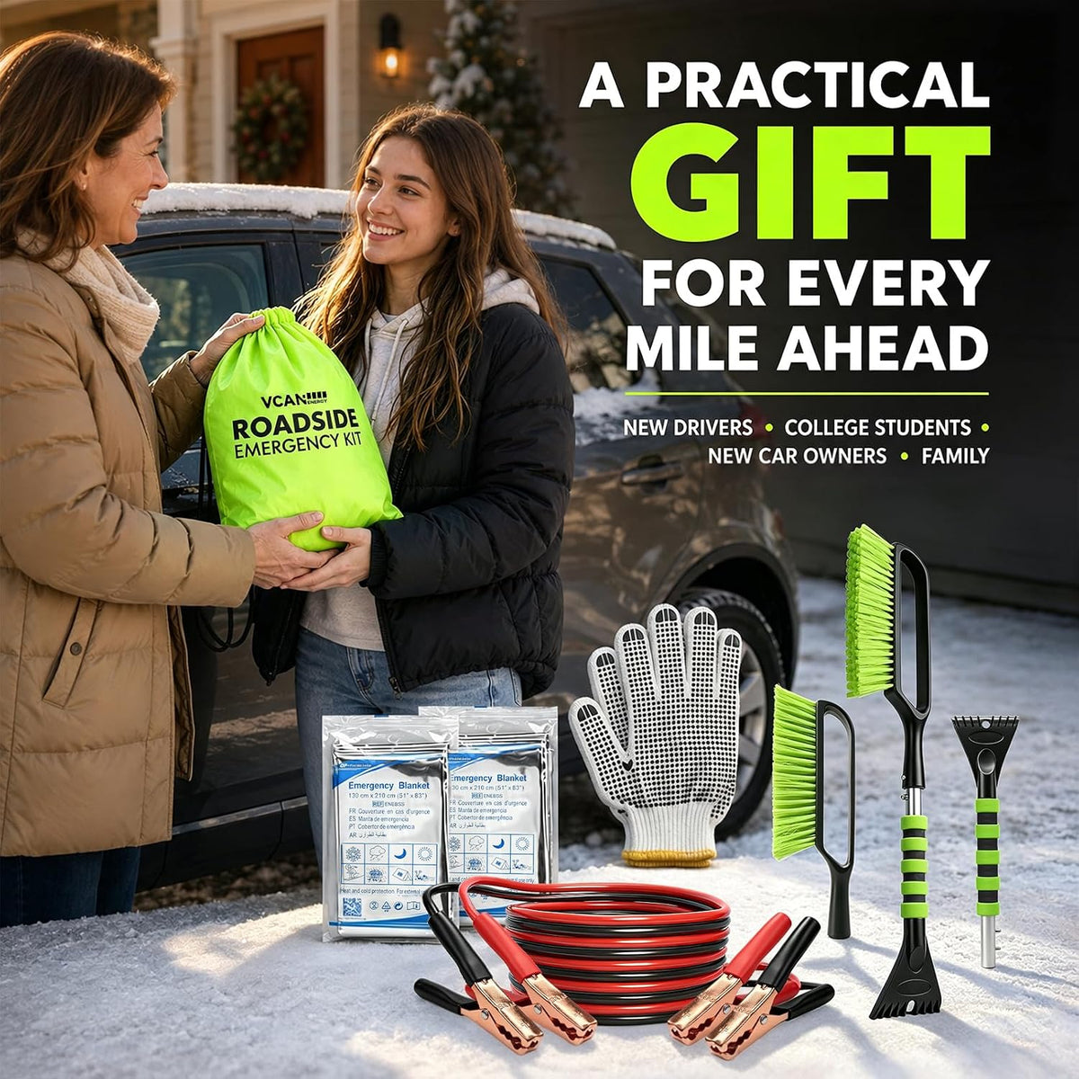 Winter Car Emergency Kit with Jumper Cables, 2-in-1 Detachable Snow Brush