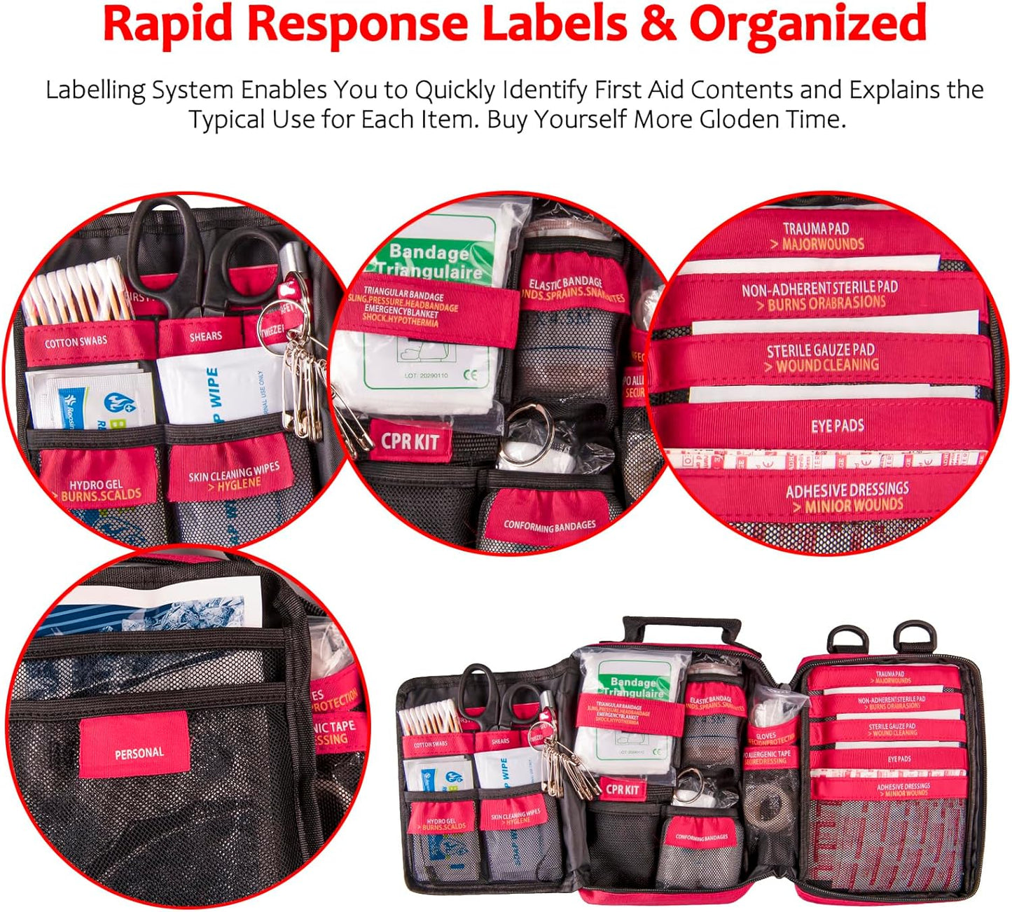 First Aid Kit with Rapid-Response Labeled Compartments, Compact Waterproof Emergency Kit with Molle Straps for Car, Camping, Home, Hiking, Travel
