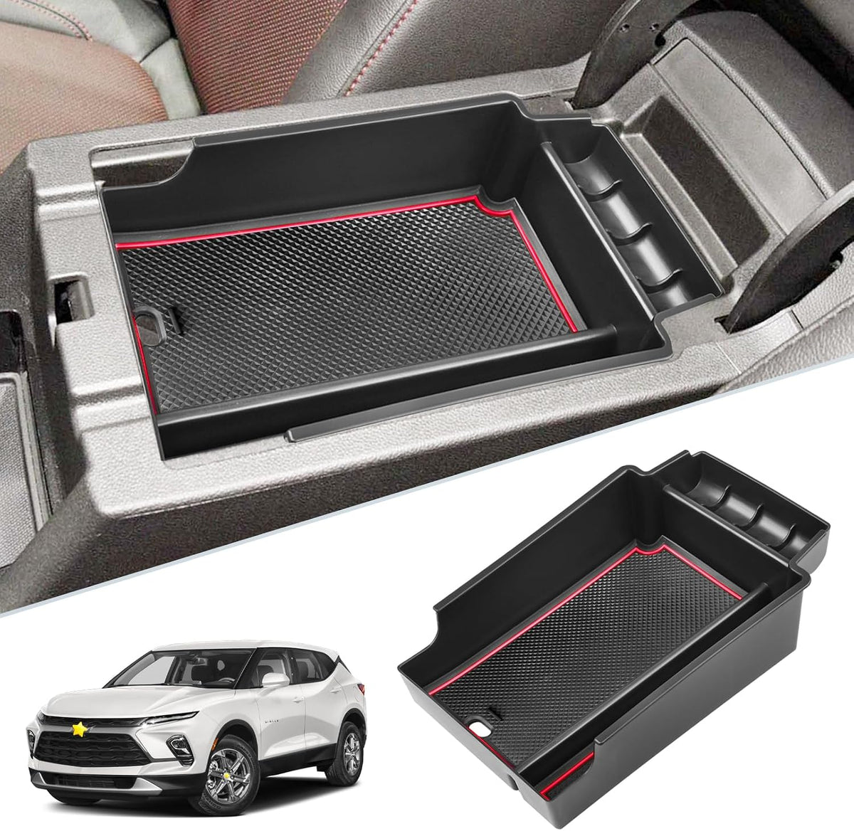 SKTU for 2019-2024 2025 Chevrolet Blazer Center Console Organizer 2024 2025 Chevy Blazer Accessories ABS Black Materials Tray Armrest Secondary Storage Box with Coin and Glass Holder (Red)