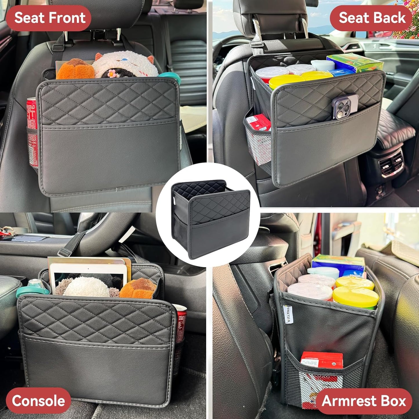 Witaxima Upgraded Extra Large Car Seat Organizer Backseat with 3 Storage Pockets, Multipurpose Car Organizer Hanging Car Trash Bag Can Premium PU Leather Garbage Can 3 Gallon Large Capacity, Black.