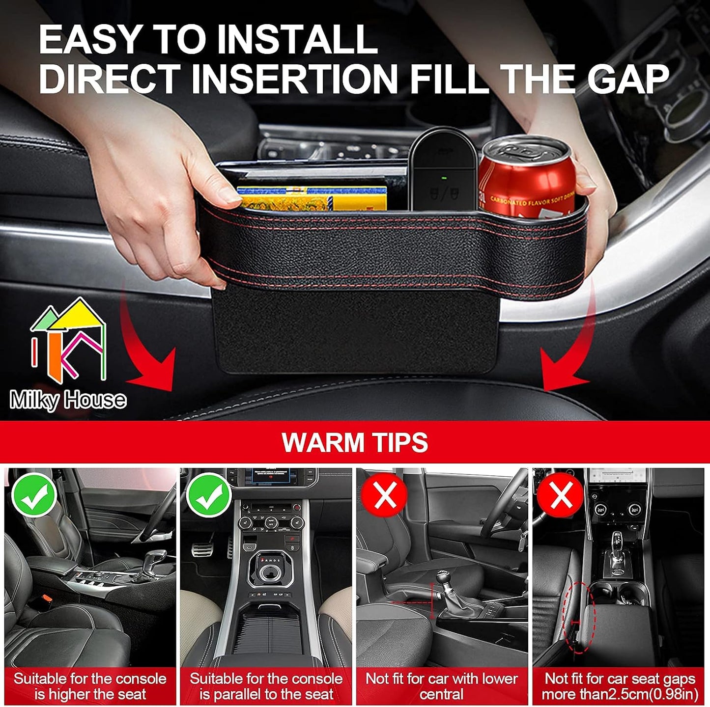 2 Set Car Seat Gap Organizer, Car Gap Filler Storage Boxes, PU Leather Front Seat Console Side Pocket Bags with Cup Holder 4 Hooks, Automotive Storage Box for Phone, Drinks, Cards, Sunglasses, Black