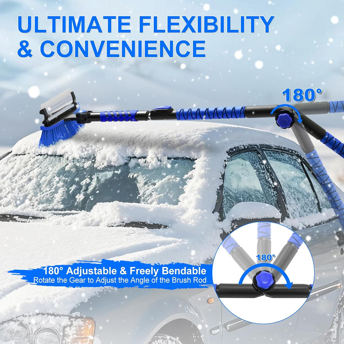 Foldable & Extendable Snow Brush and Ice Scraper for Car, 62.4", Blue