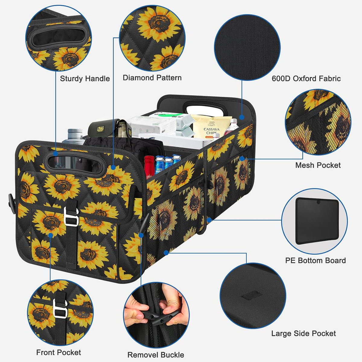 Olosar Collapsible Trunk Organizer - Portable SUV Car Accessories for Women/Men, Any Car, Mini-Van, Sunflower