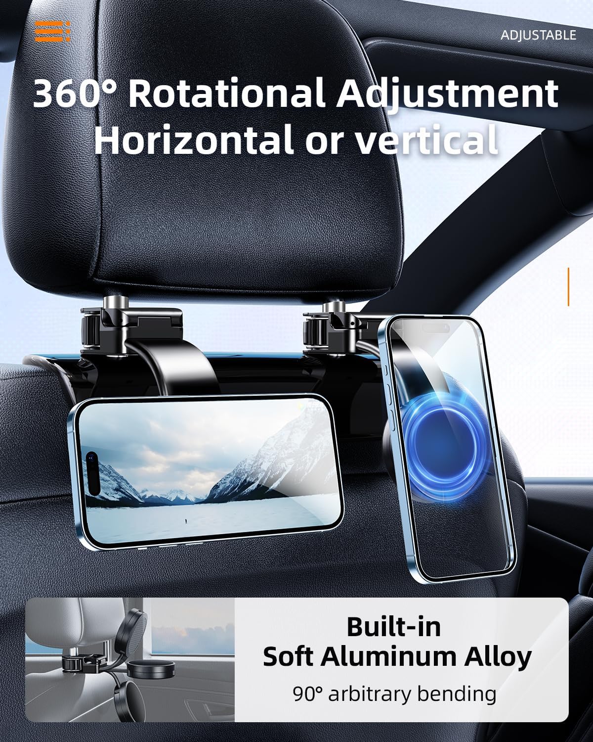 1 Pack Headrest Hook for Car Seat Back with Magnetic Phone Holder, Multifunctional Car Seat Hooks for Purses and Bags Handbag Grocery Bag, Purse Hanger Car Organizers and Storage Accessories
