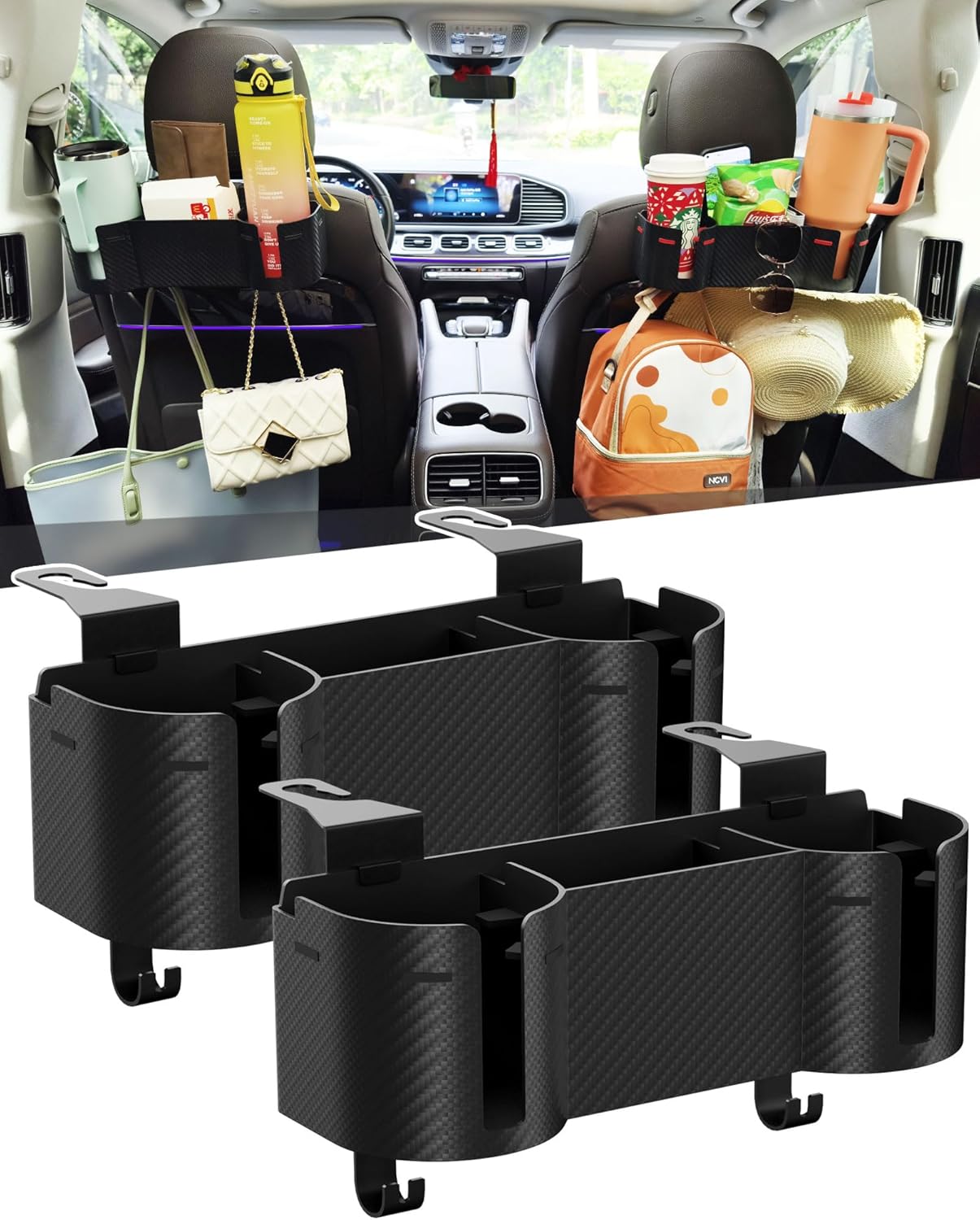 Car Headrest Backseat Cup Holder 3.7" with Organizer, High Capacity 4 in 1 Seat Back Organizer with Headrest Hooks, Multifunctional Storage for Car Travel Accessories Compatible with Most Vehicles