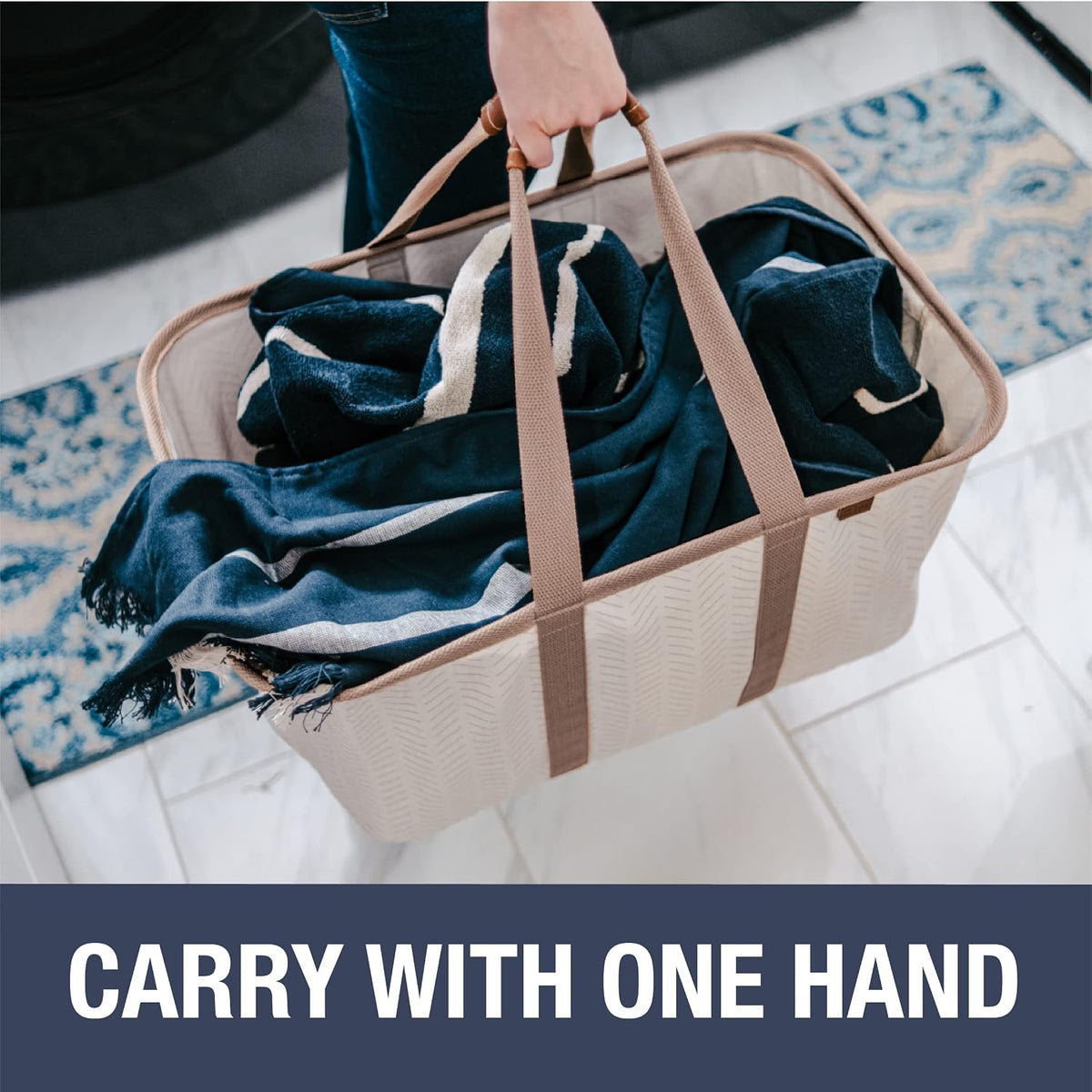 CleverMade Collapsible Laundry Tote 2-Pack (50L) – Foldable Carry-All Storage Bin for Laundry, Car Trunk, RV, Dorm & Home Organization – LUXE Cotton Blend with Vegan Leather Accents, Mocha