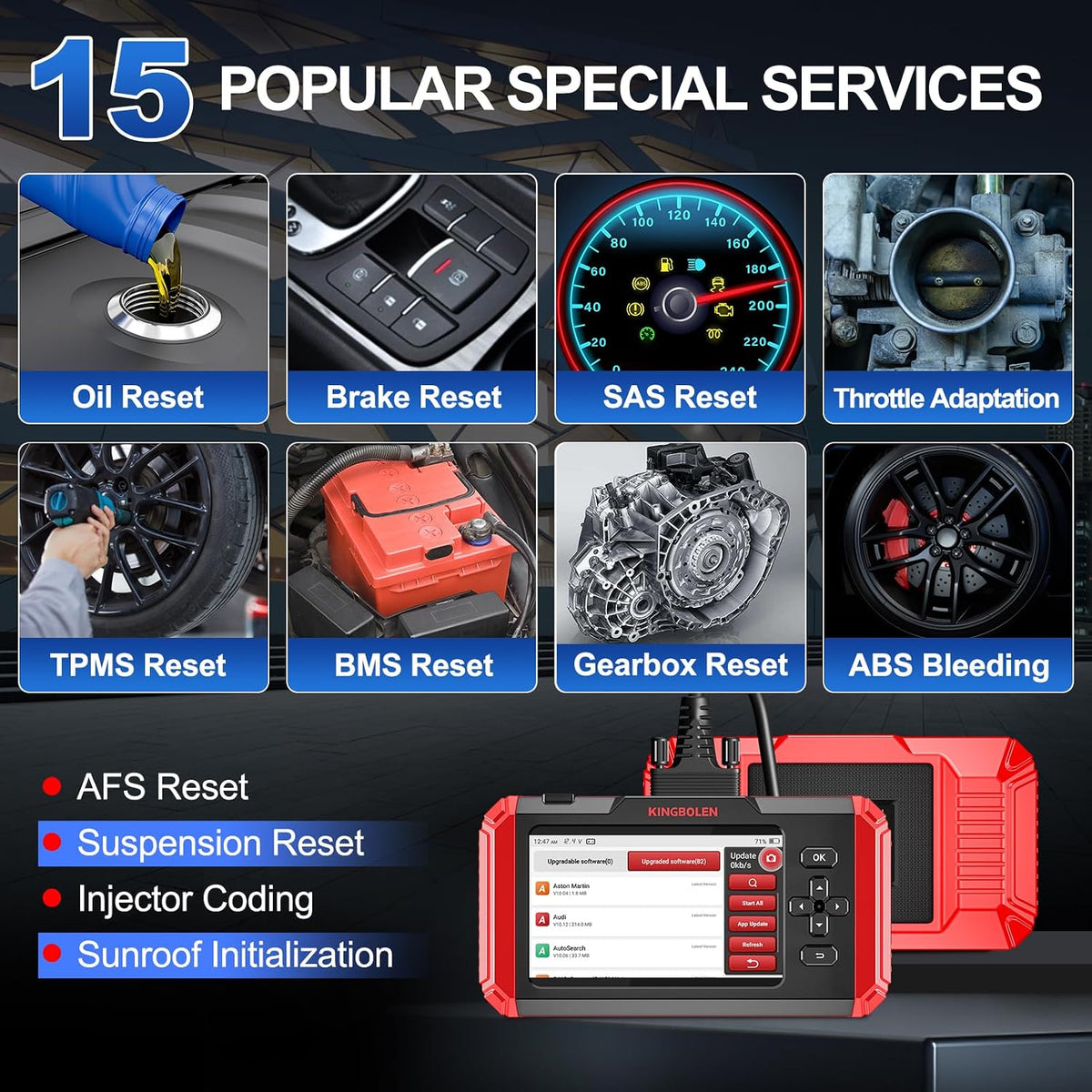 KINGBOLEN OBD2 Scanner S800 Car Scanner, OBD2 Diagnostic Scan Tool with 15 Reset, Oil Brake Throttle Service, Engine ABS SRS Transmission Code Reader, Battery Test, AutoVIN, Lifetime No Charge Update