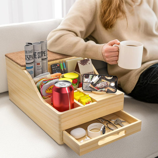 Couch Caddy with Cup Holders, Sofa Table with Flip Top Push-Pull Drawer | Multi-Use Sturdy Pine Wood Hold Hands Couch Cup Holder for Car, Living Room, Bedroom, Vanity