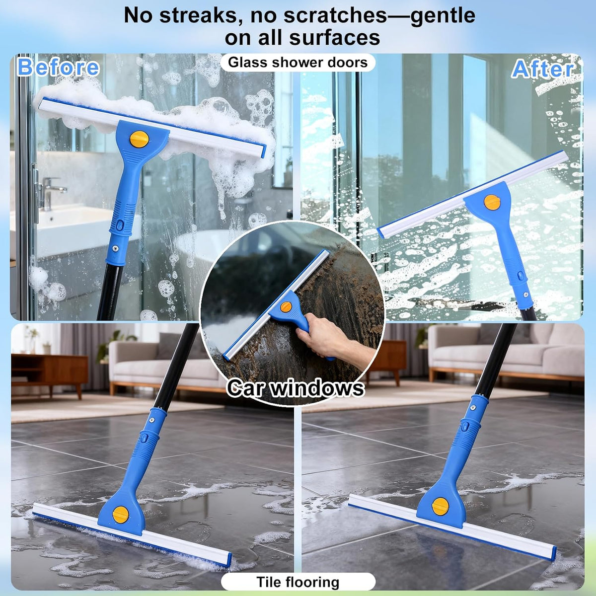 3-in-1 Professional Window Squeegee Kit with 2 Squeegee, 2 Microfiber Scrubber, 1 Razor Scraper, Thick Iron, 77.5" Window Squeegee with Extension Pole for Car, Glass, Mirror, Wall, Bathroom, Home, Van