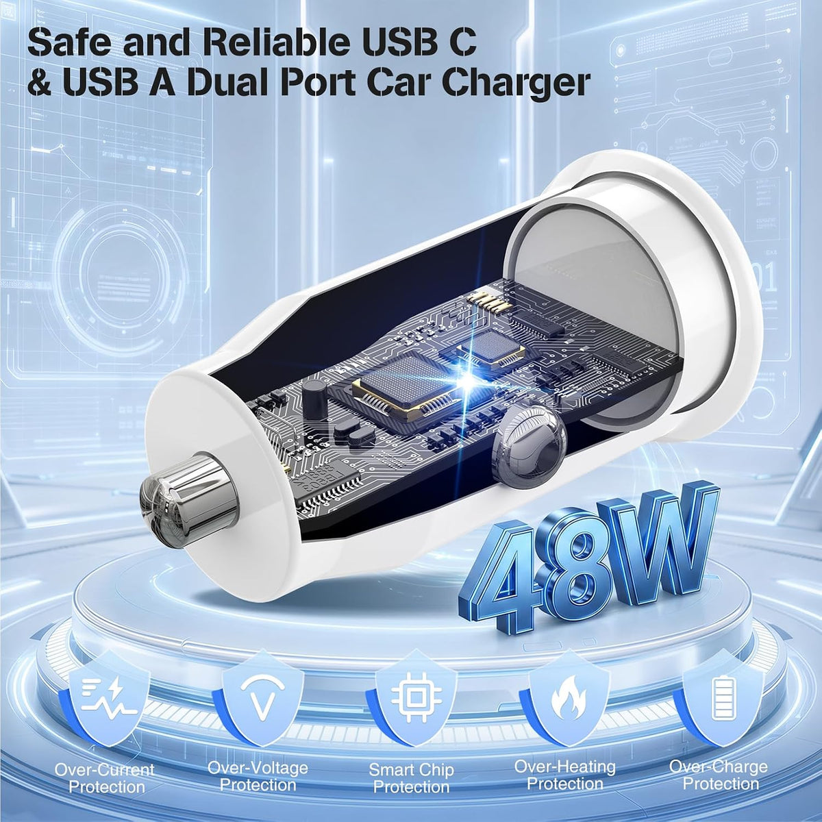 48W USB C Car Charger, Dual Port USB-C & USB-A Car Fast Charging Adapter