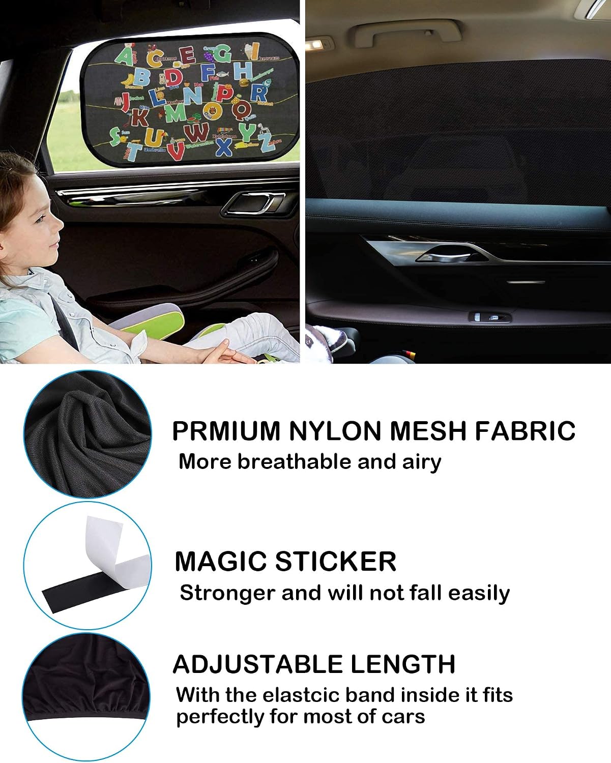 Tevlaphee Car Window Shades, 2 Pack Car Sunshade for Kids Breathable Universal Sun Visor Car Net for Baby with Certified UV for Side Window, Spandex Mesh Material Protect Privacy for Family (L)