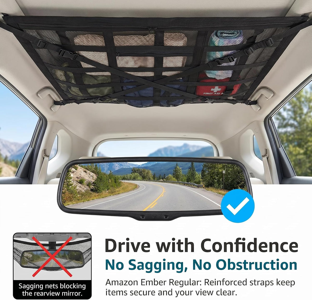 1 PC Car Ceiling Cargo Net, Double Layer Mesh Roof Storage Bag, 31.5" x 21.6" Overhead Organizer with 4 Straps, Universal for Most Cars, Trucks, SUVs (Black)