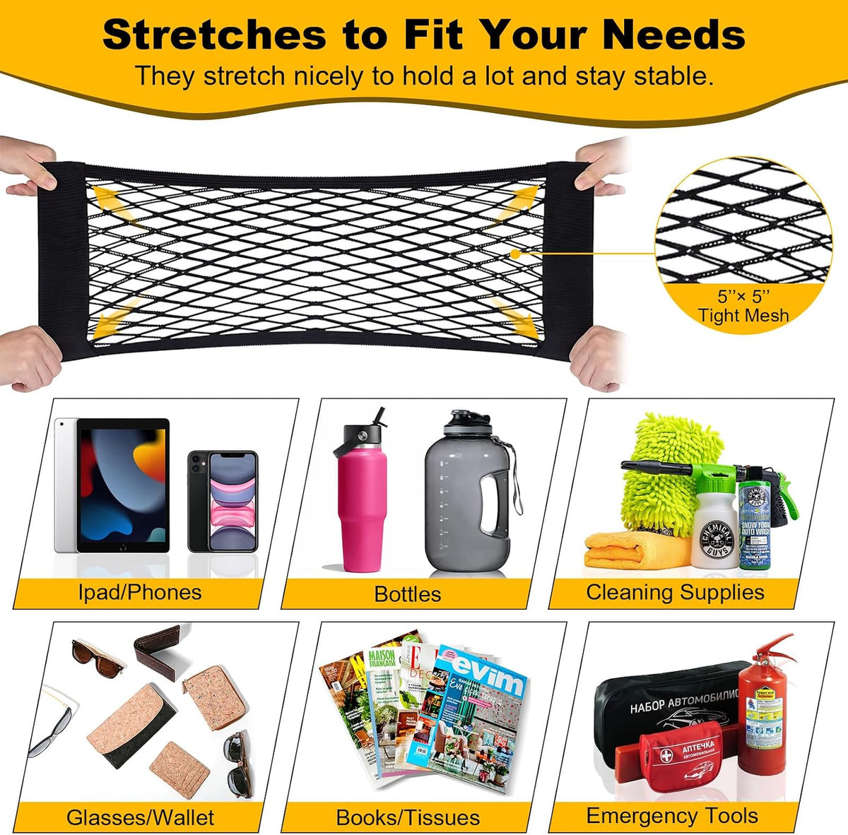 PIFOOG 4Pcs Car Storage Net Pockets, Stretchable Mesh Cargo Net Organizer with Adhesive Hook and Loop Strips, Universal Trunk Back Seat RV Camper SUV Truck Storage Pouch, 11.8" x 9.8" & 15.7" x 9.8"