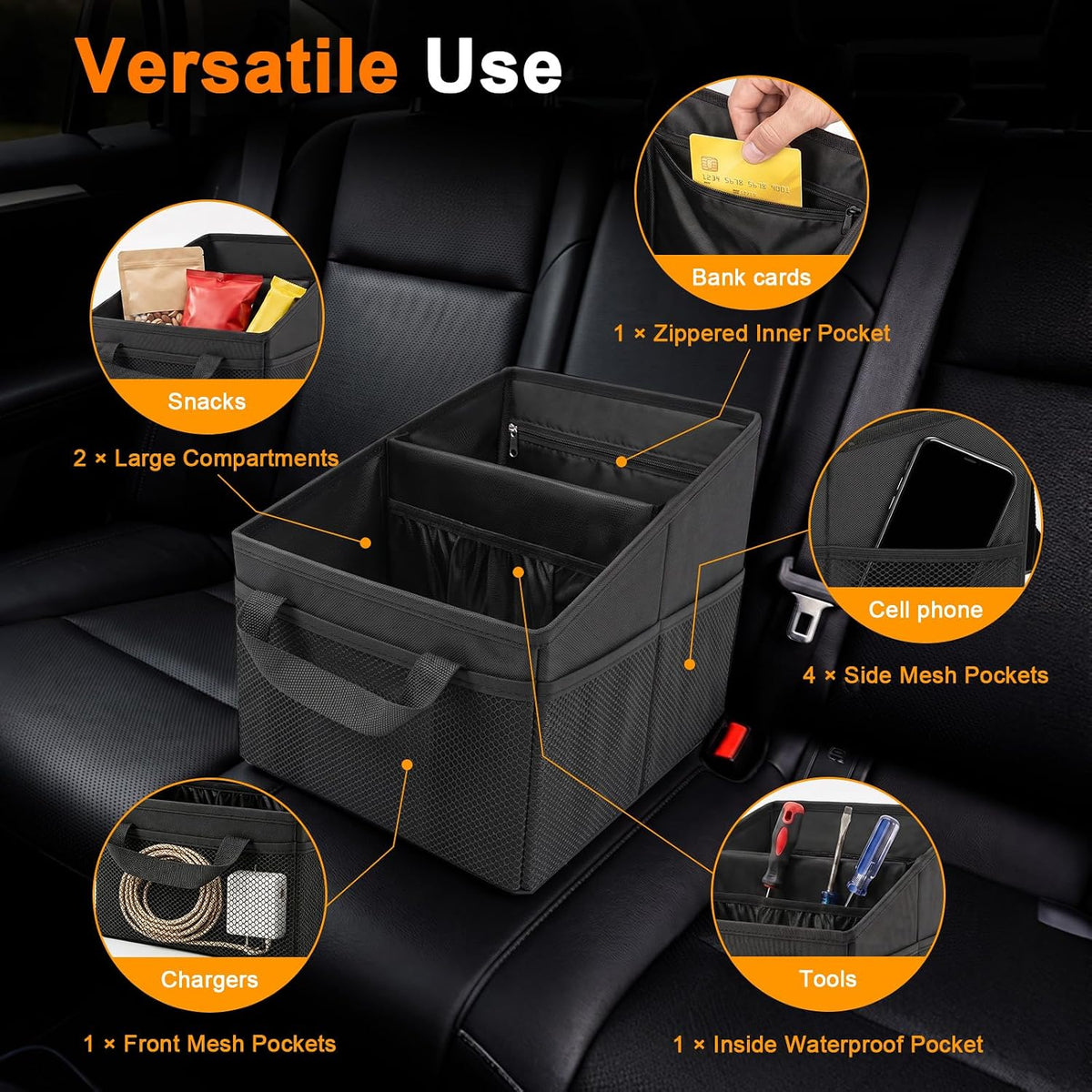 BFXM Car Organizer Back Seat, Black Collapsible Middle Seat Car Organizer