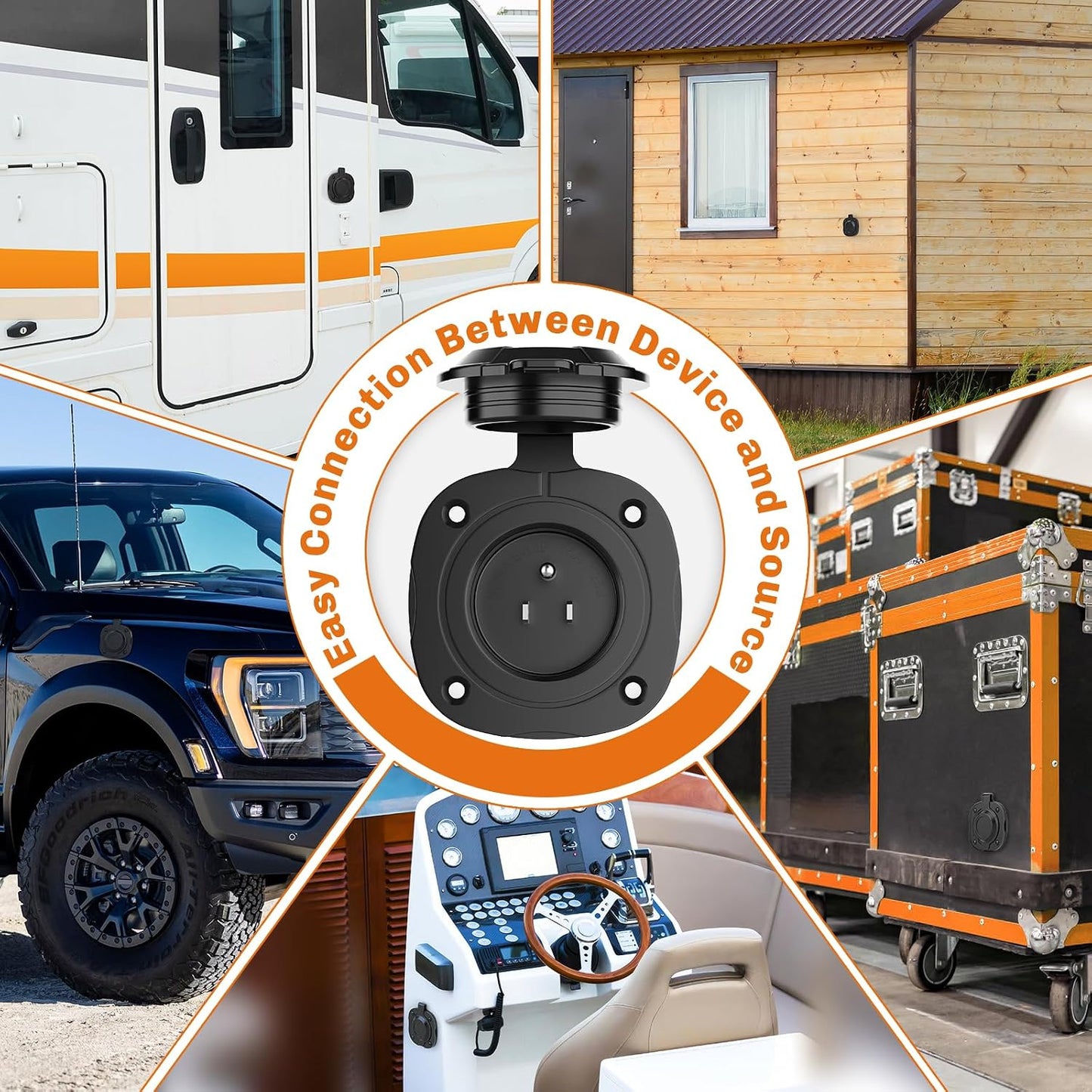 WELLUCK RV Shore Power Inlet Charger Plug 15 Amp 125V AC Power Inlet Port Plug with Integrated Dual 18" Extension Cord, RV Flanged Inlet with Waterproof Back Cover Y Splitter Cable for RV Trailer Boat