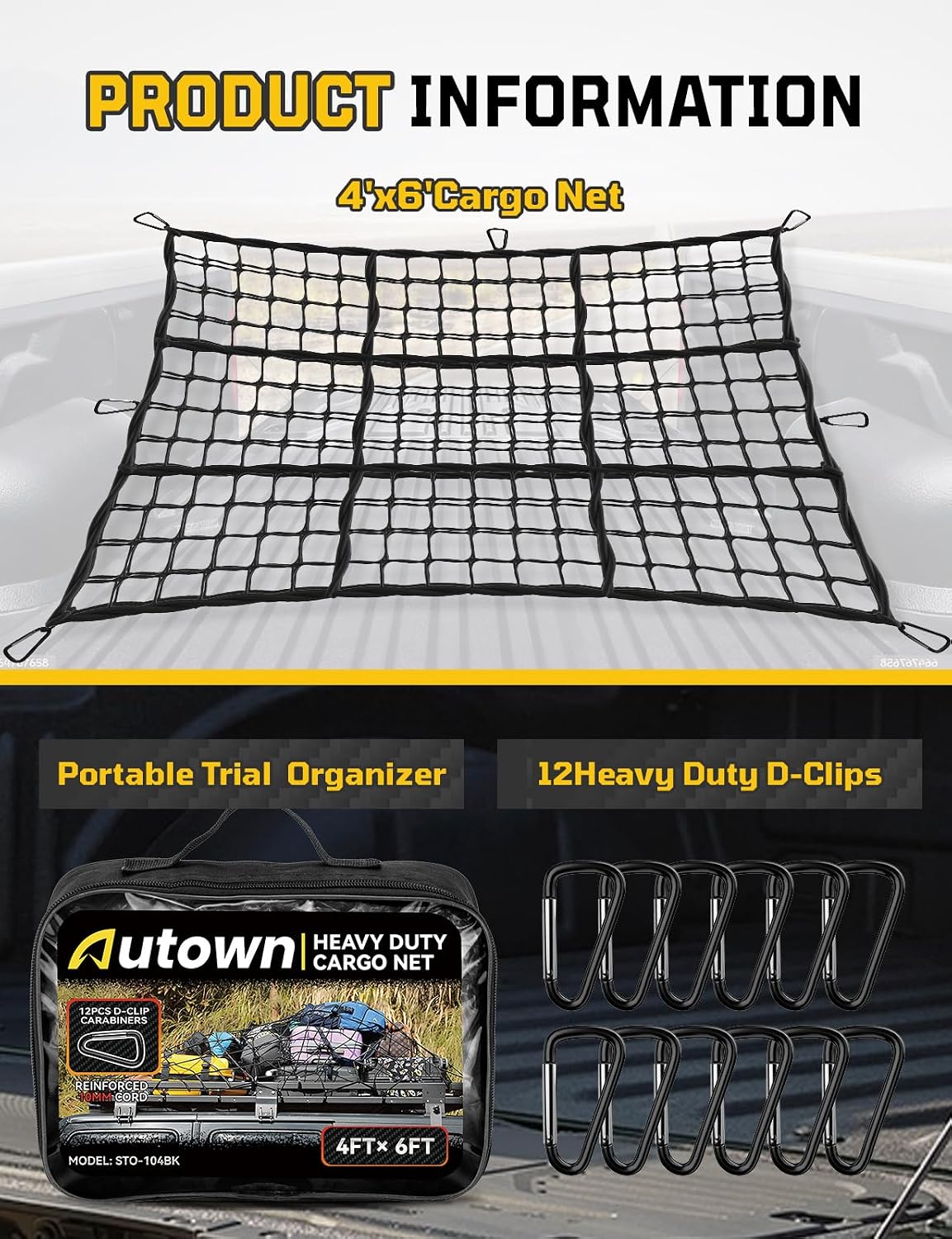 AUTOWN Cargo Net for Pickup Truck Bed with 10mm Triple-Strand Edge, 4'x6'