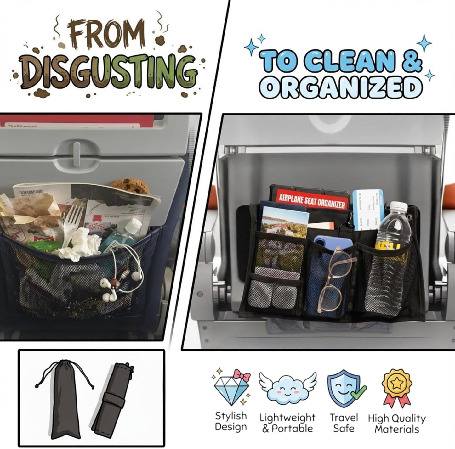 Airplane Seat Organizer to Clip onto Airplane Seat Pocket | Travel Essentials Accessory with Improved Universal Compatibility (15 x 9 Inches)