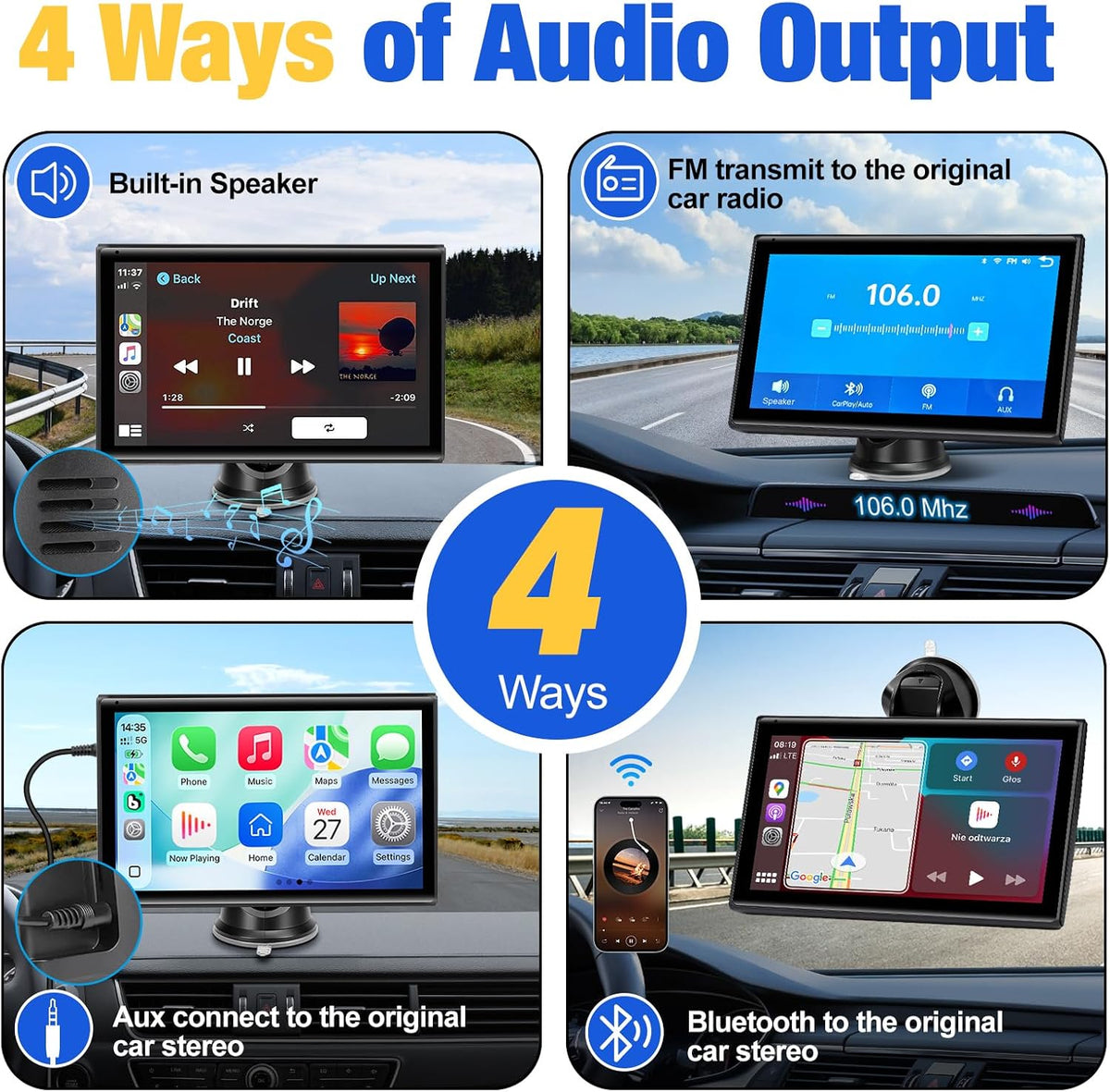 Carplay Screen for Car, 7 inch Wireless Carplay & Android Auto（Black）