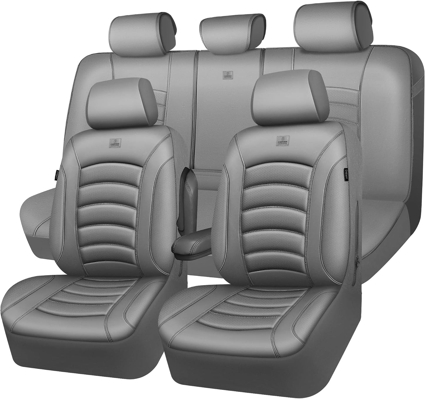 CAR PASS 3D Foam PU Leather Car Seat Covers, Universal Seat Covers Full Sets for Trucks SUV Sedan Automotive Seat Covers Armrest Airbag Compatible Waterproof Comfortable Faux Nappa Leather All Gray