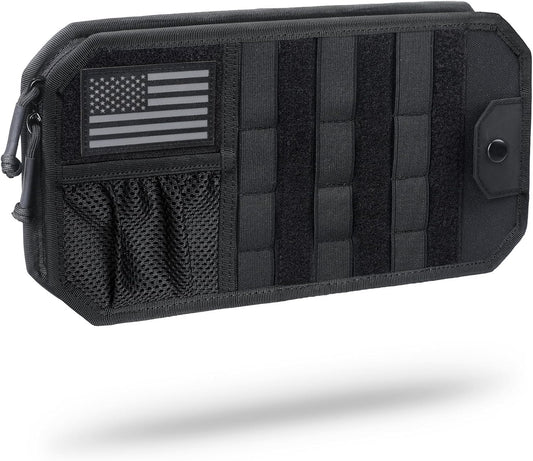 WYNEX Molle Car Sun Visor Organizer, Car Accessories with Zip Storage Pouch & Glasses Holder, Semi-Rigid Molle Panel with Patch for Tactical Gears, Fits Most Cars, Trucks, Pickups, Patrols
