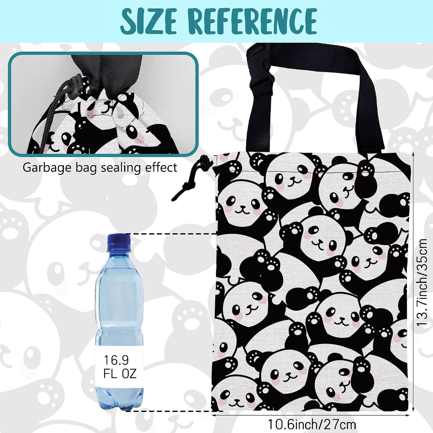 Car Garbage Bag Cute Black Panda Drawstring Car Trash Bag Hanging for Back Seat with Adjustable Buckle Canvas Vehicle Trash Can Easy-to-Install