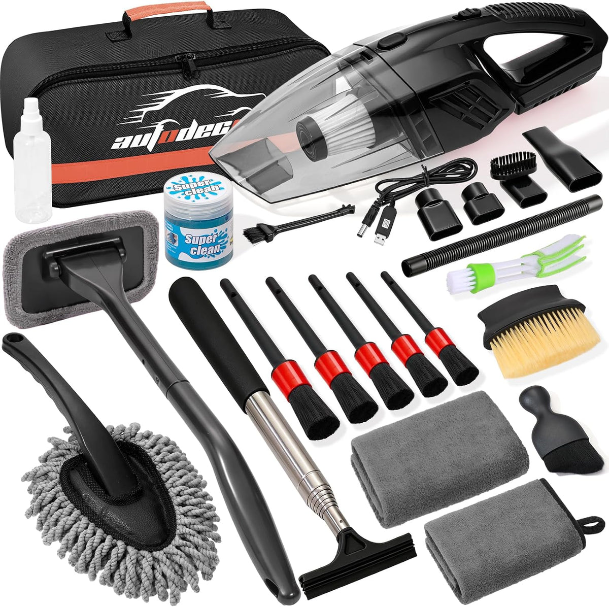 Car Cleaning Kit, Car Interior Detailing Kit with 12000PA Black Handheld Vacuum, Brush Set, Windshield Tool, Duster, Towels, Complete Car Care Tools for Women (Black)