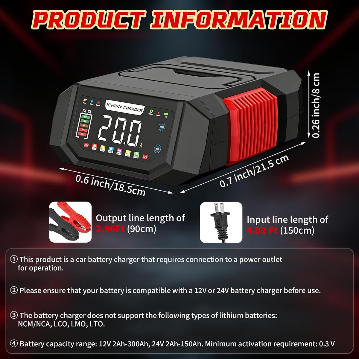 20A Car Battery Charger, 12V/24V Fully Automatic Trickle Charger