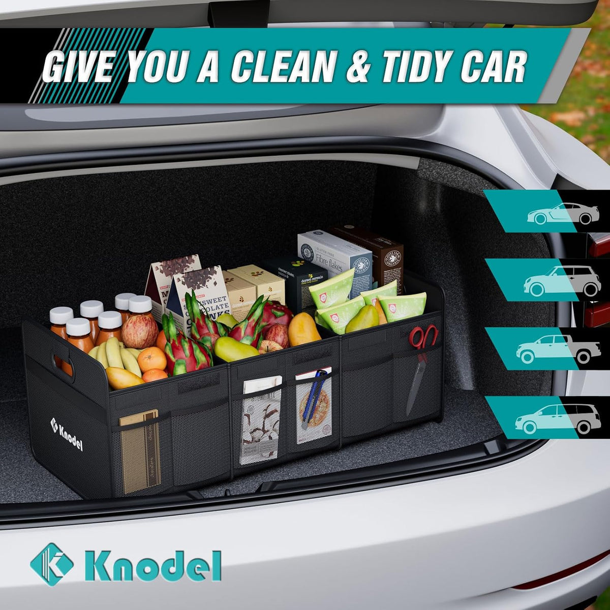 K KNODEL 3 Compartments Trunk Organizer for Car and Suv (Large, Black)
