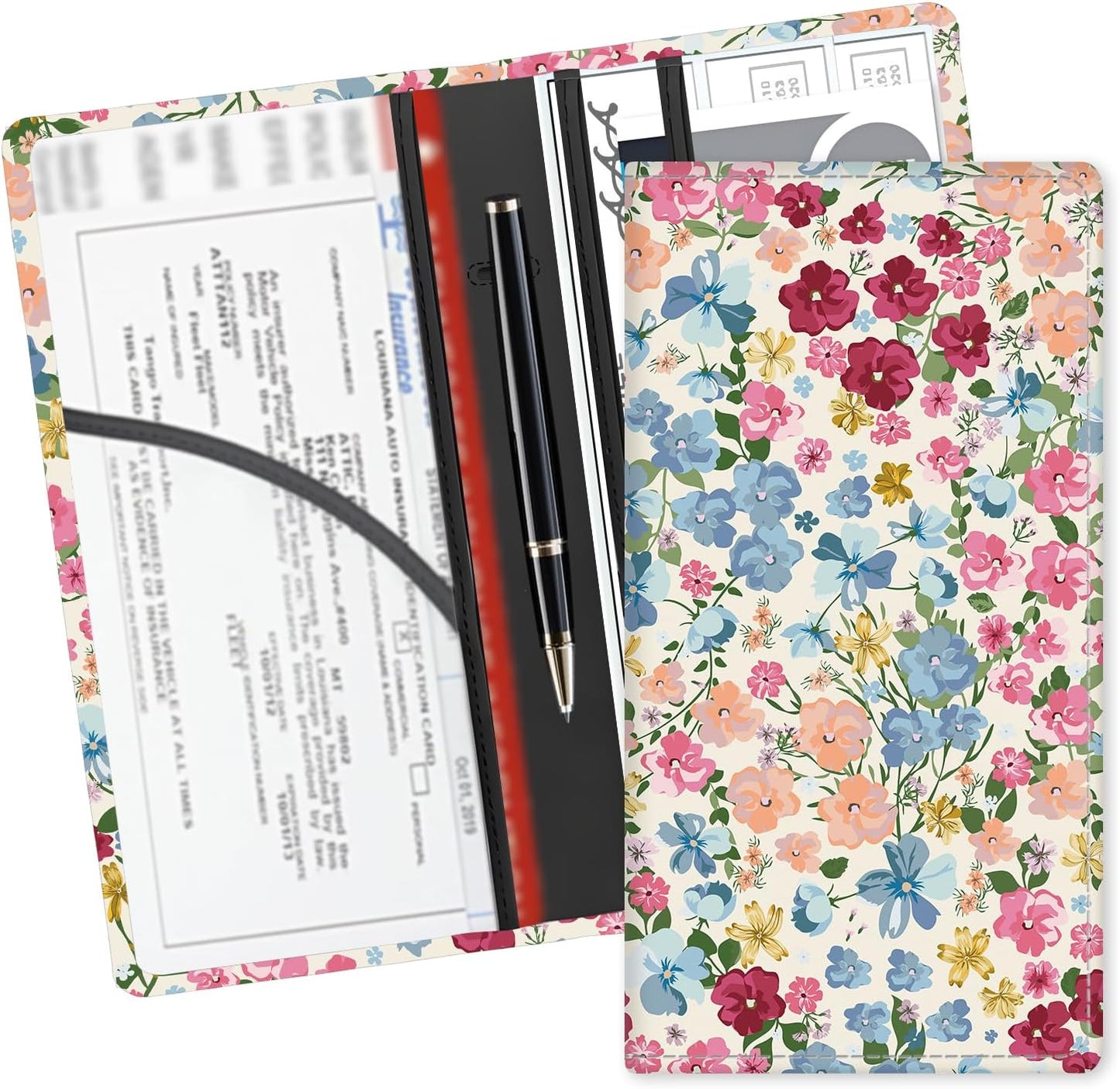 Leather Car Registration and Insurance Card Holder, Cute Car Accessories Vehicle Glove Box Car Organizer for Documents, Cards, License Colorful Cute Flowers