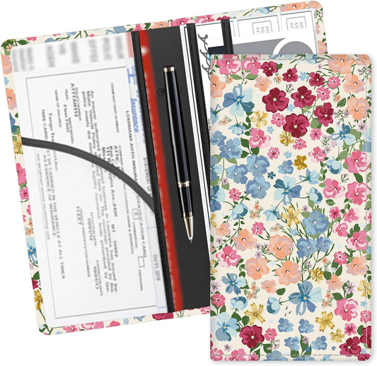 Leather Car Registration and Insurance Card Holder, Cute Car Accessories Vehicle Glove Box Car Organizer for Documents, Cards, License Colorful Cute Flowers