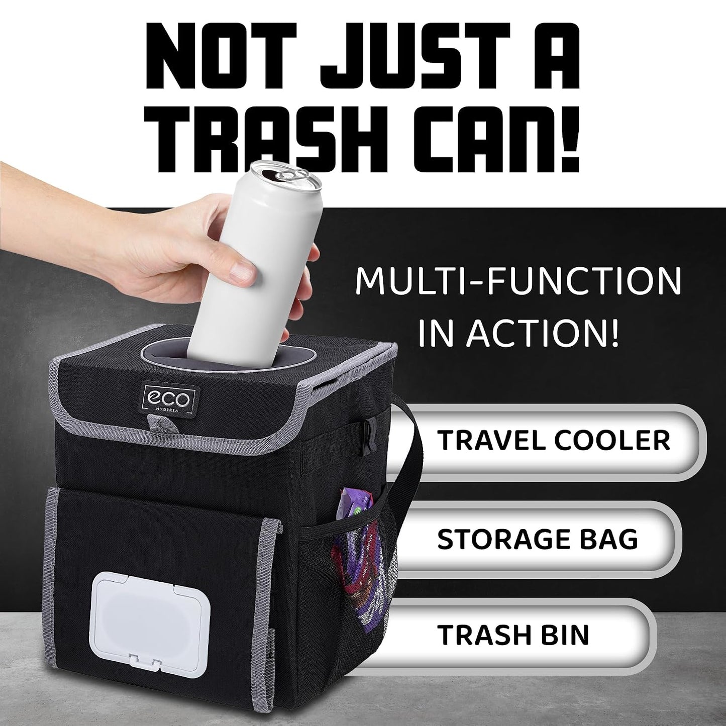 Eco Hygieia Leakproof Car Trash Can - Portable Hanging Car Garbage Can with Adjustable Elastic Strap, Wipes &amp; Tissue Box Holder, Spillproof Opening, Mesh Pockets, Waterproof Lining