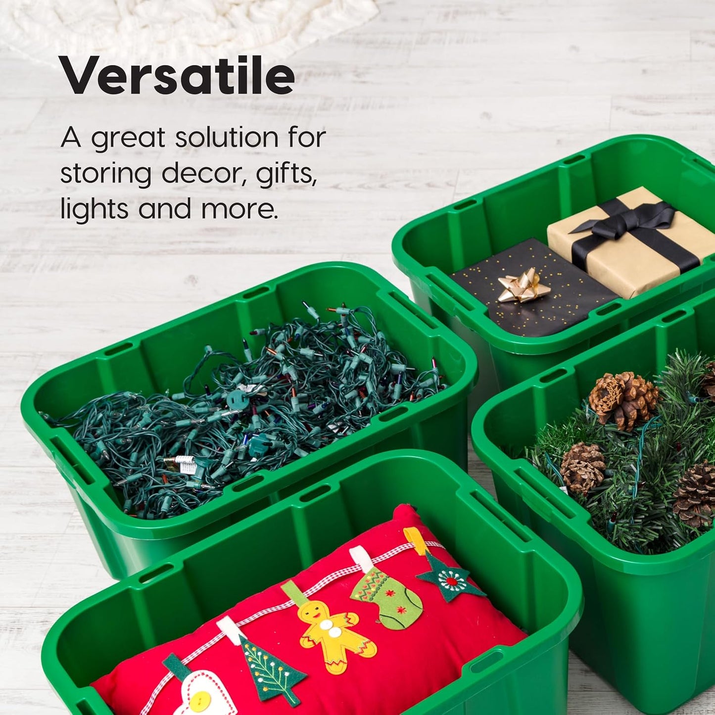 IRIS USA 4-Pack 12 Gallon Storage Bins with Lids |Made in USA| Heavy Duty Plastic Tote Containers for Seasonal Organization, Large - Green/Red