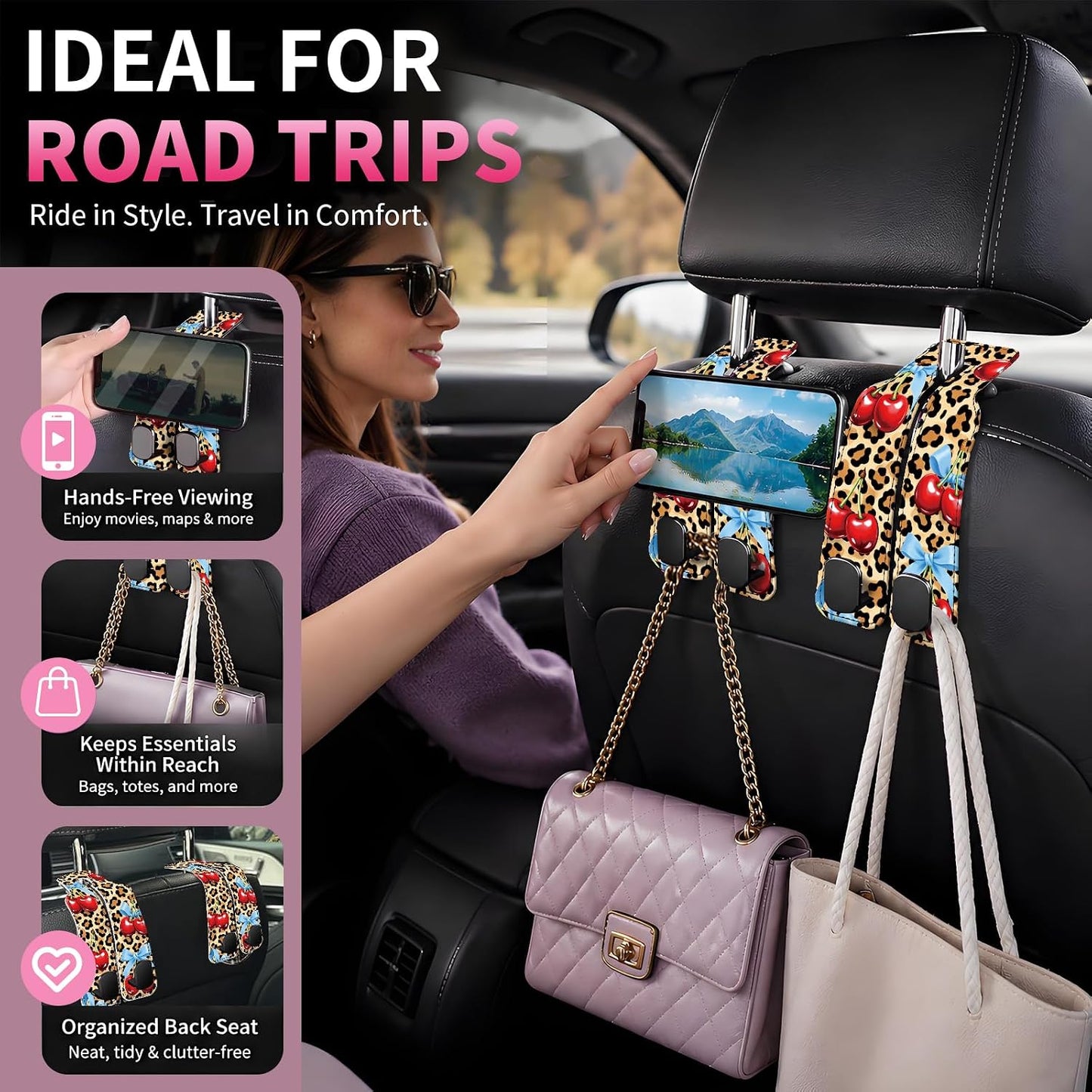 Car Seat Back Storage Hook, Funny Car Purse Hook, Cute Vehicle Storage Organizer for Purses Handbags Cute Leopard Bowtie Cherry