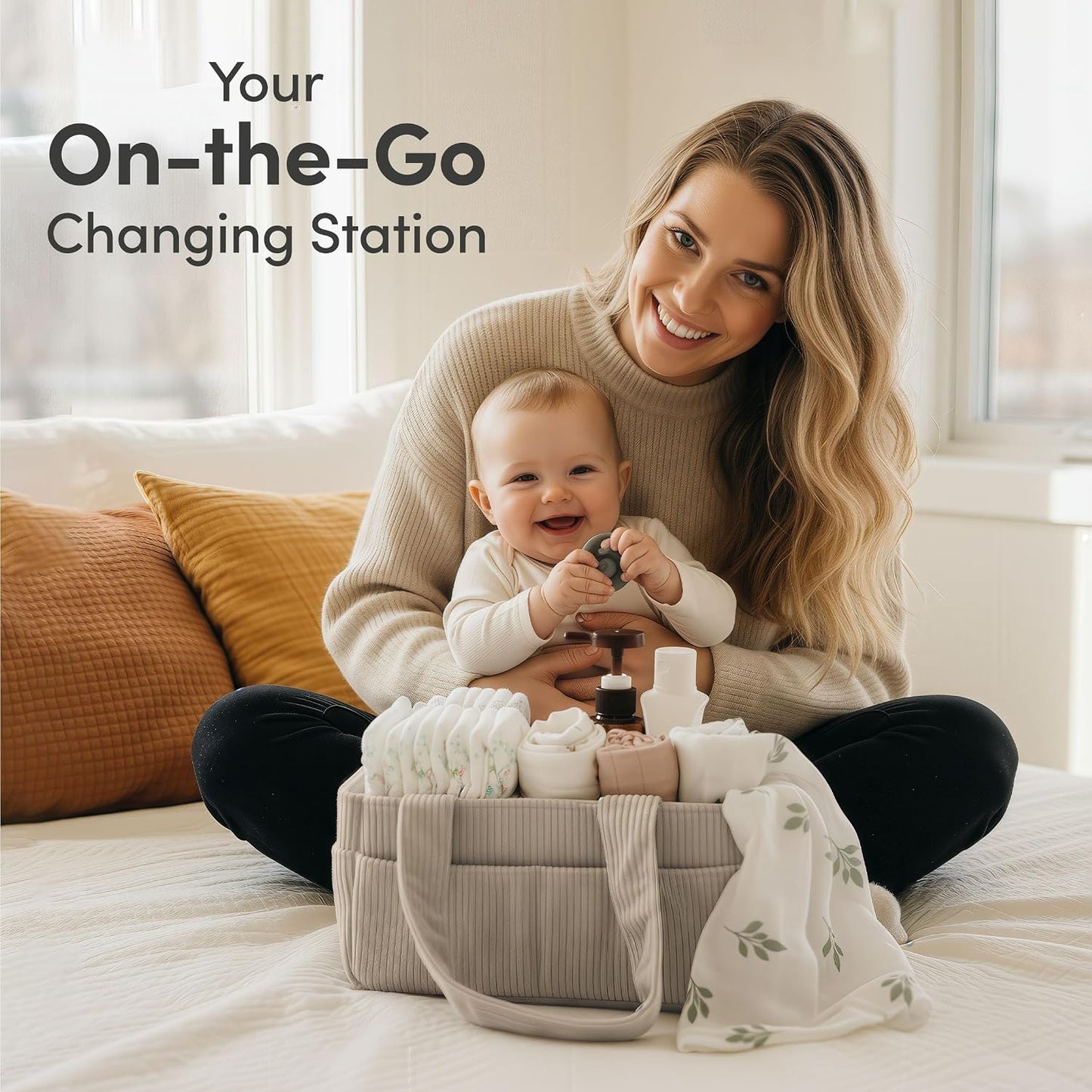 PUTSKA Baby Diaper Caddy Organizer for Changing Table – Stylish Nursery Storage Basket, Newborn Essentials, Baby Shower Gifts and Registry Must-Haves for Boy or Girl, Car Diaper Caddy, Corduroy Grey
