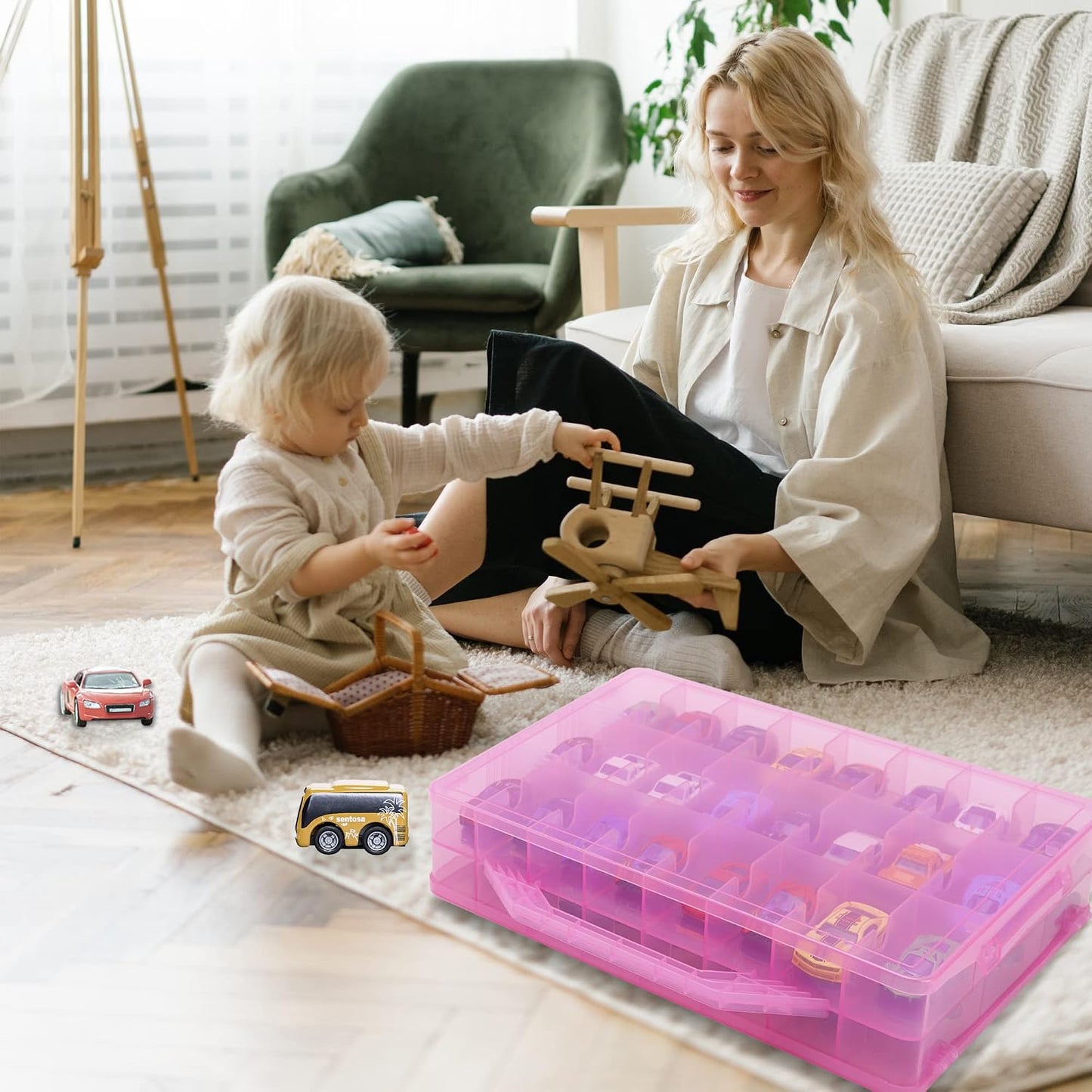Double Sided Diecast Cars Storage Case for 48 Diecast Cars, Matchbox Cars, Mini Cars, Portable Transparent Storage Case for Diecast Cars, Matchbox Cars with 48 Compartments, Case Only