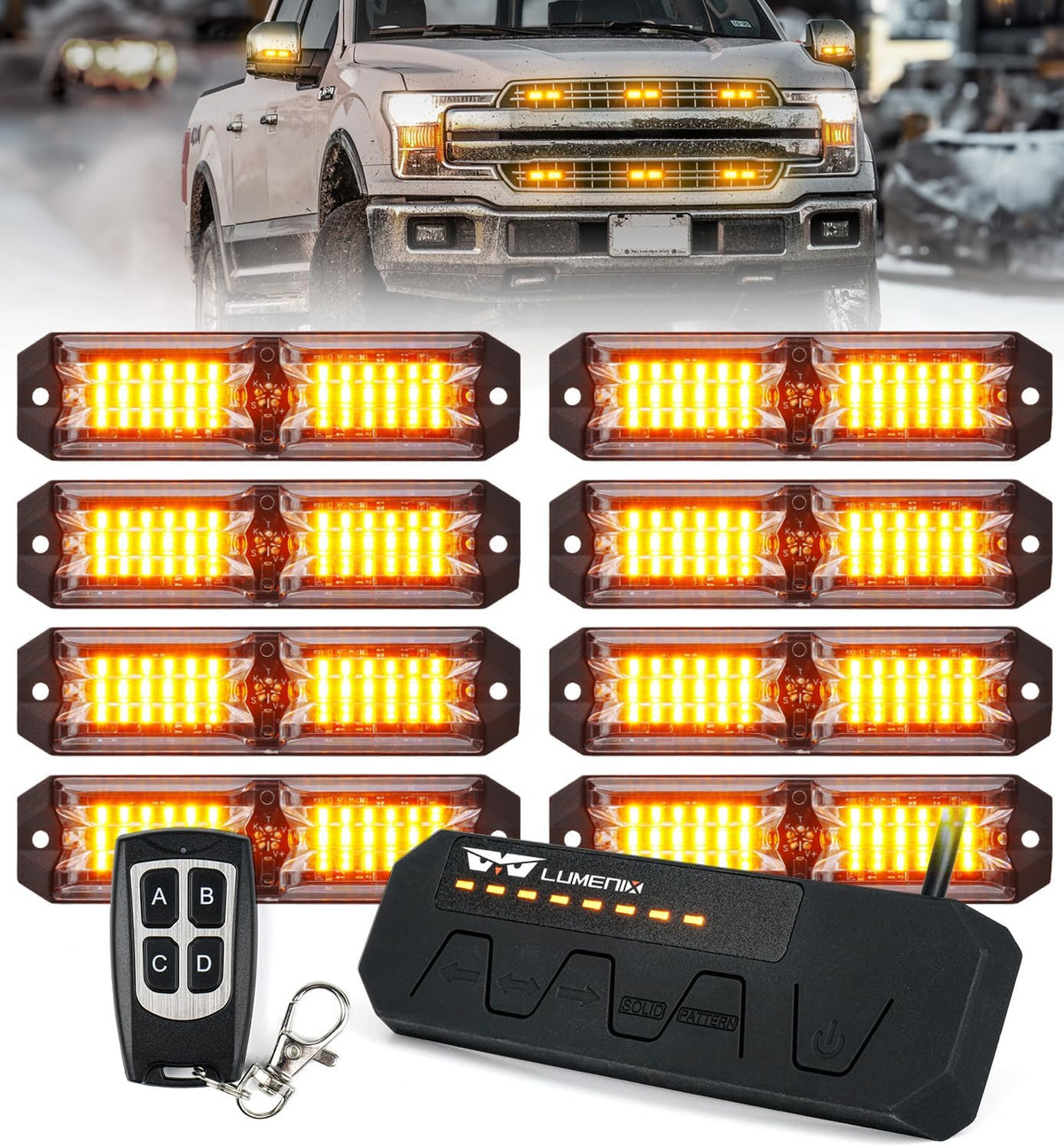 LUMENIX Grille Strobe Lights Kits for Trucks w/Controller, 8PCs High-Intensity LED Surface Mount Emergency Construction Vehicles Snowplow Towing Deck Side Marker Flashing Warning Light- Amber White