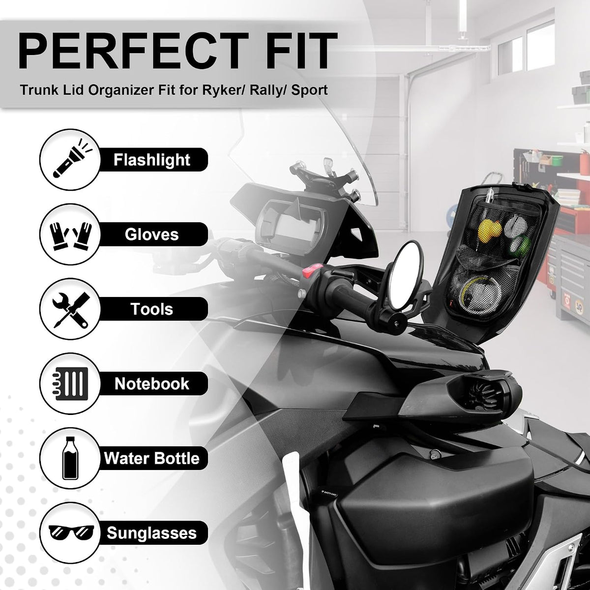 Front Trunk Lid Storage Organizer Fit for Can-Am Ryker 600 900 / Rally Edition/Sport（2015-2025) | Removable 3-Pocket Storage Bag (Black String)