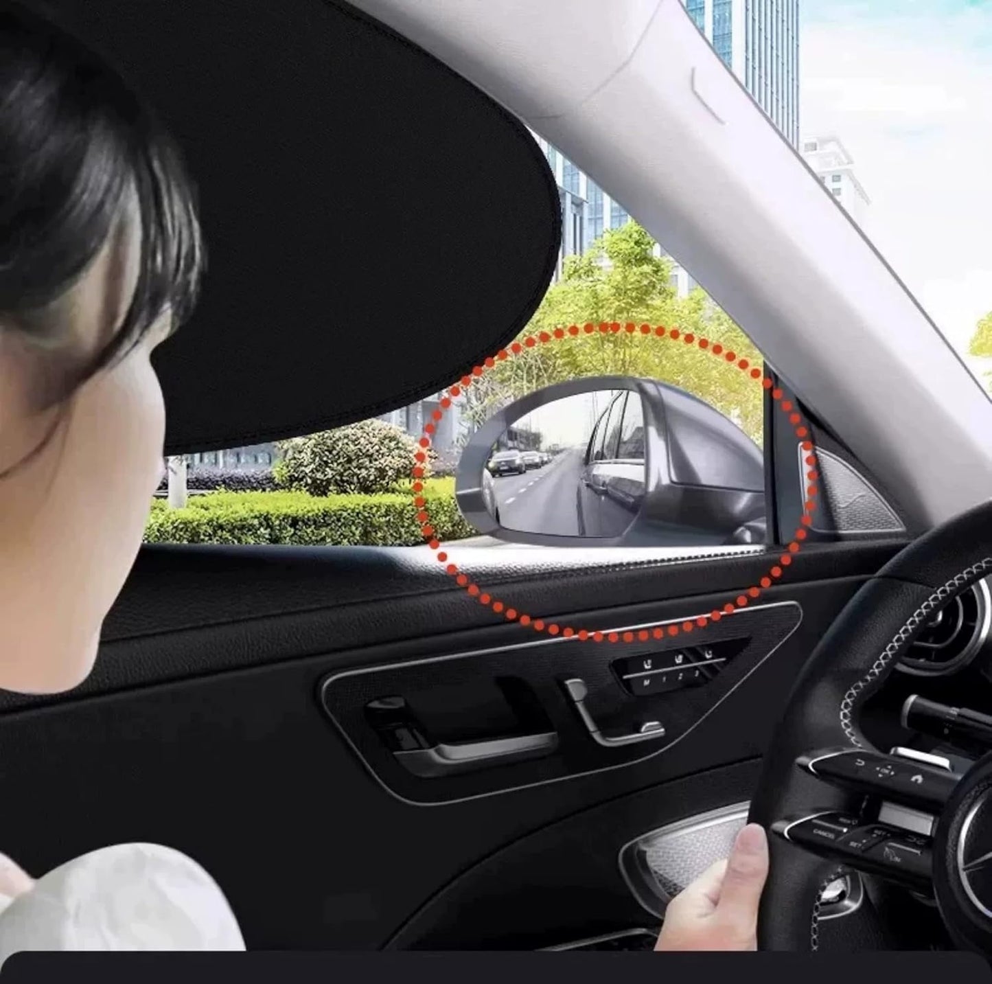 MUSM Car Window Shade Static Cling Sunshade - 2 Pack | Blocks UV and heat. Static cling sticks to any glass. See-through edges keep mirrors visible. Folds small for easy storage.
