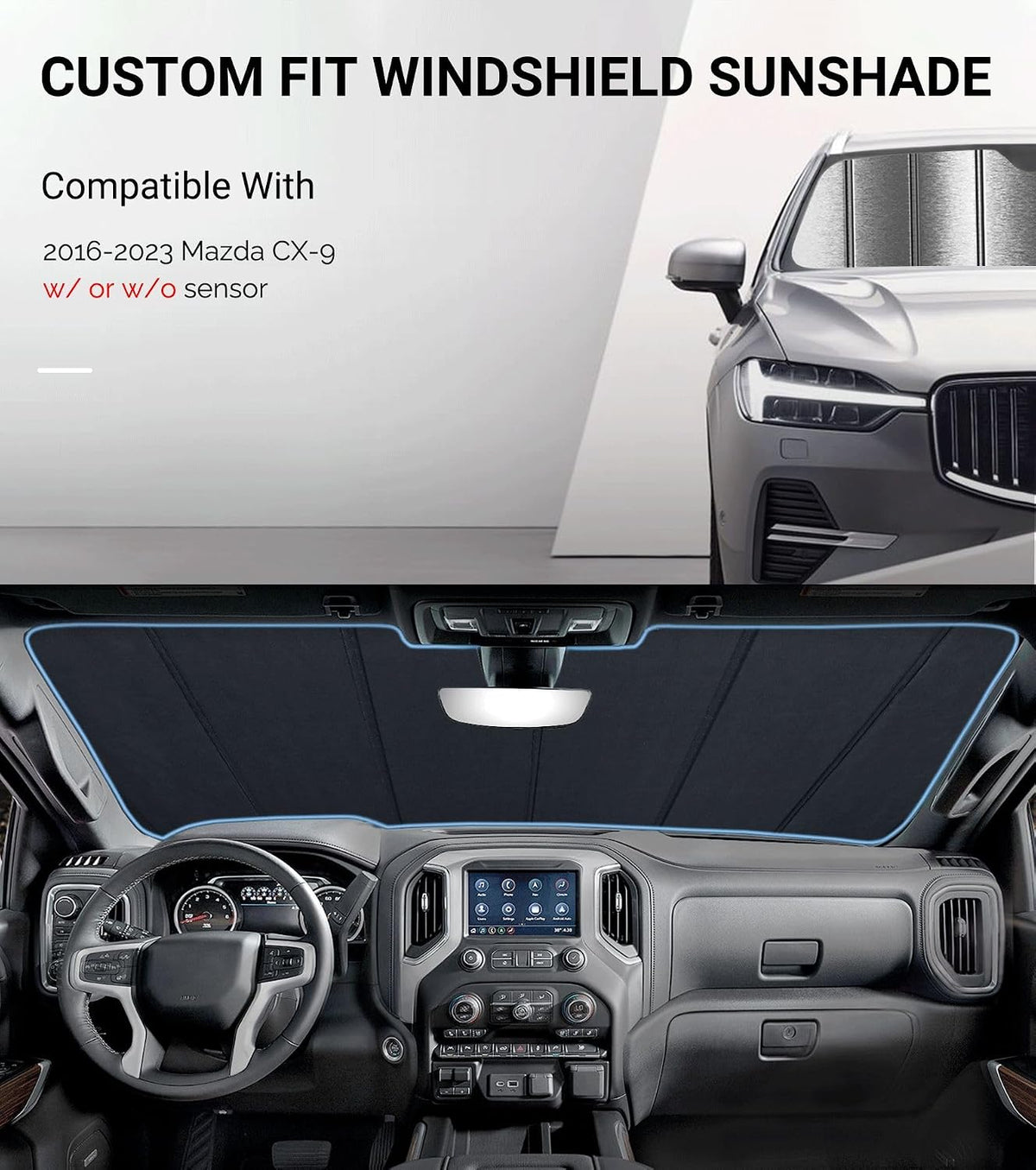 Pigenius Windshield Sun Shade for Mazda CX-9 2016-2023 Front Window Sunshade - Metallic