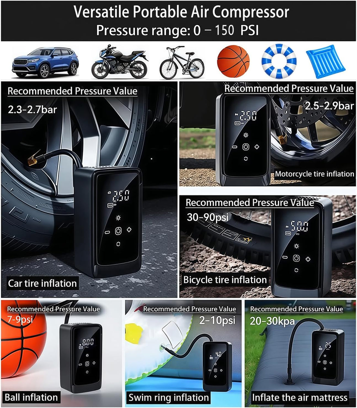 Tire Inflator Portable Air Compressor, Dual Power 12V DC/Rechargeable