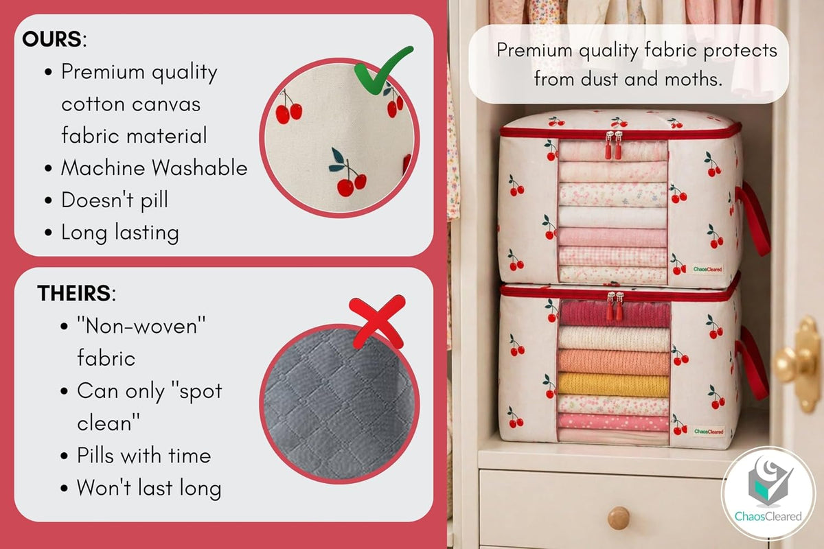 Chaos Cleared Kids Storage Bags – 100% Cotton Canvas Toy & Clothes Organizer with Cute Design – Storage Bin for Stuffed Animals, Baby Items & Clothes with Zipper & Handles (Cherry Print)