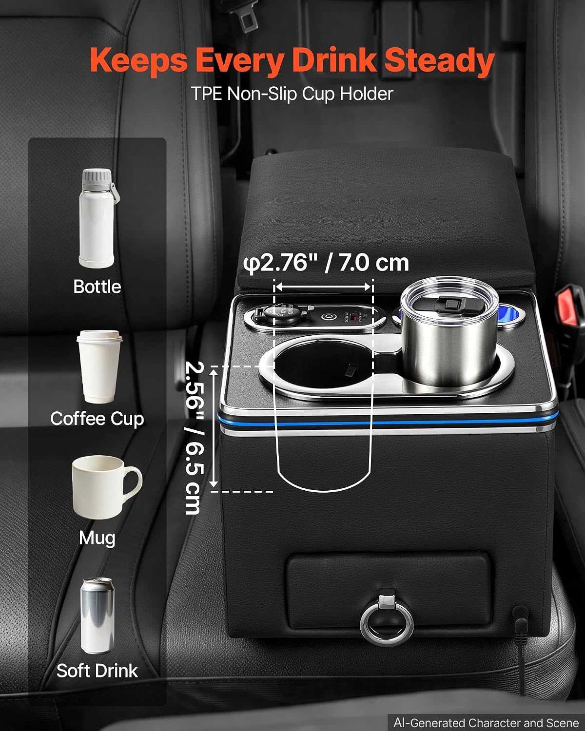VEVOR Universal Rear Bench Seat Center Console with 7-Color Ambient Lights
