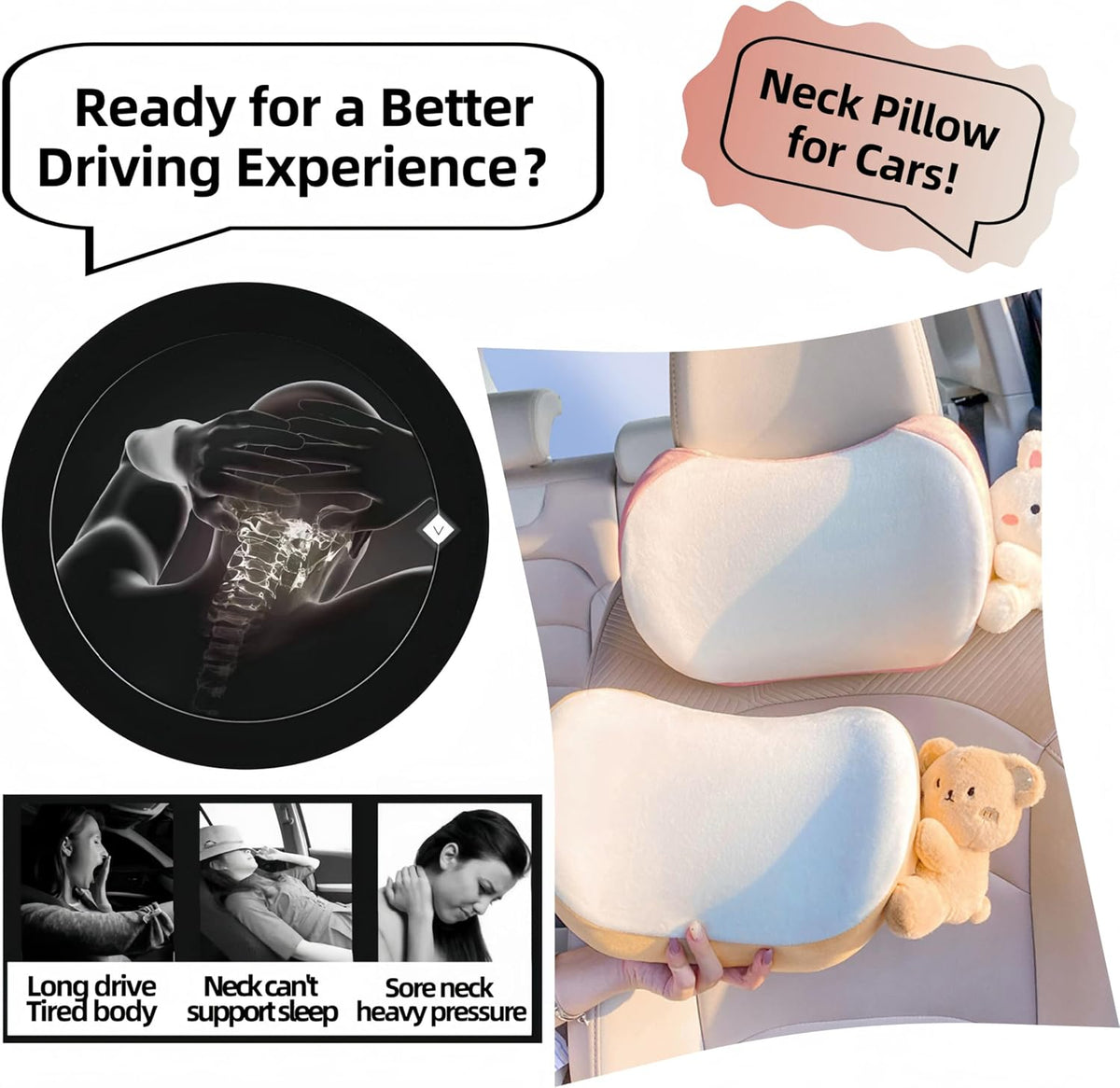 Car Headrest Pillow 2PCS Bear or Bunny Car Seat Neck Pillow Car Decor Memory Foam Neck Support Cushions for Comfortable Driving, Easy Install &amp; Washable (Pink)