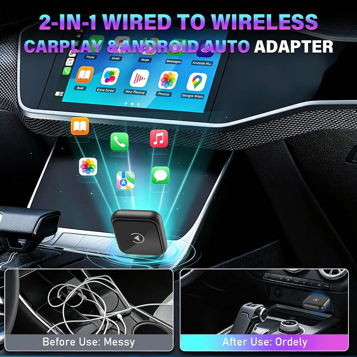 Wireless Carplay Adapter for iPhone/Android Latest Upgrade，Play Plug & Play