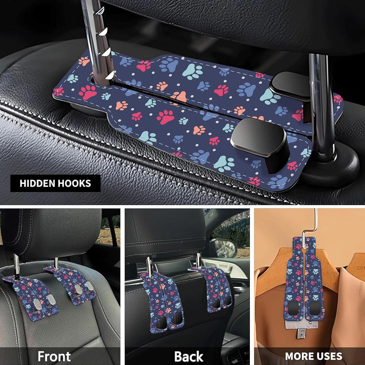 Car Seat Headrest Hook, Universal Leather Cute Hanger Holder Hook, Storage Organizer Interior Accessories for Purse Bags Handbag Purple Cute Dog Paws